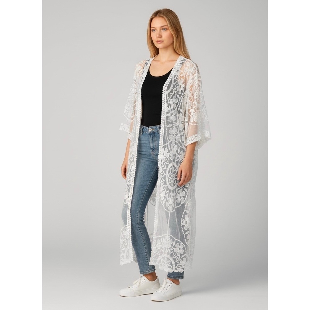 Everleigh White Floral Lace Duster Cardigan Sheer Boho Open Front Kimono Small